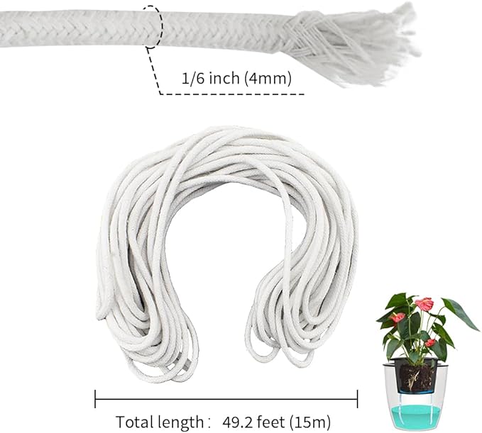 49.2 feet 1/6 Inch Bright White Self Watering Wick Cord Automatic Watering Cotton Rope System Hydroponic Wicking for Vacation Plant Care Capillary Wicks for Self Watering Planters and Pot