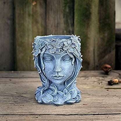 Head Planter Face Flower Pot Goddess Statue Plant Pot Decorative Girl Portrait Planter Indoor Outdoor Girl Face Flower Vase Container Planter (Gray)