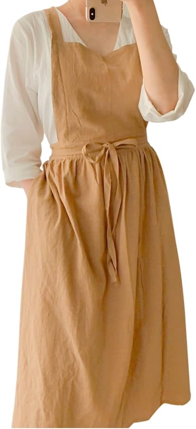 Cute Retro Cotton Linen X-Back Aprons Home Kitchen Garden Art Painting Pinafore Florist Shop Overalls