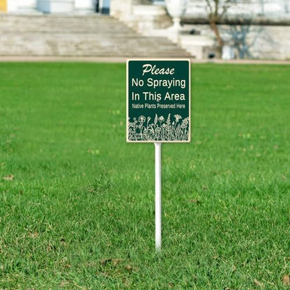 FemiaD No Spraying In This Area Yard Sign with Stake 8x12inch Sturdy Aluminum Rustproof Outdoor Lawn Decor Native Plants Preserved Here Sign for Garden Front Door Outdoor Use Easy to Install