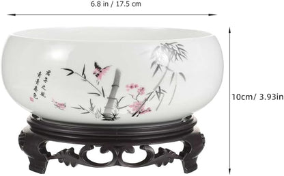 Veemoon Ceramic Hydroponic Bowl Water Lily Planter Round Succulent Plant Pot Chinese Lotus Flower Pot with Plastic Base Bonsai Plant Container for Indoor Outdoor Garden Home Office (6.8 * 3.93 Inch)