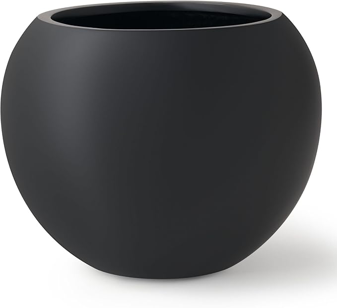12.8" H x 16" D Globo Fiberstone Round Planter with Drainage Hole, Smooth Finishes, Weather Resistant for Indoor and Outdoor Use, Included 2 Extra Coco Mats (Black, 10.7" Pot Opening)