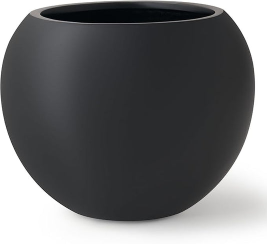 12.8" H x 16" D Globo Fiberstone Round Planter with Drainage Hole, Smooth Finishes, Weather Resistant for Indoor and Outdoor Use, Included 2 Extra Coco Mats (Black, 10.7" Pot Opening)