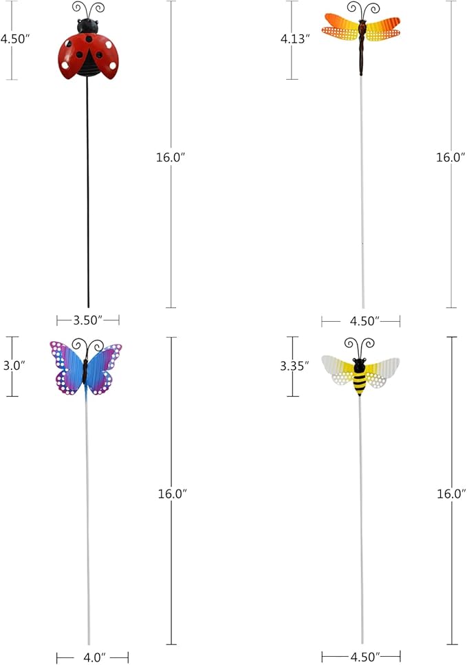 Morning View Bee Butterfly Dragonfly Ladybug Garden Stakes Decorative Set of 4 Metal Insect Yard Stake Outdoor Spring Lawn Ornaments Yard Art Patio Pathway Flower Pot Outside 16 Inch Tall