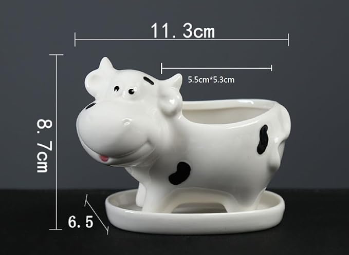 Ceramic Succulent Plant Pot Cactus Plant Pot Flower Pot Container Planter with Drainage Hole Home Office Desk Garden Gift Idea Animal Shaped Flower Pot Cute Vase Pot (White Cow)