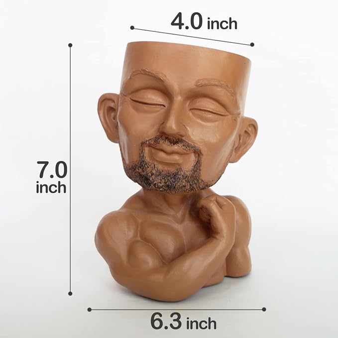 Unique Plant Pots Face Planters, Funny Plant Pots Head Planter, Men Face Planters Pots Head, Beefcake Face Vase with Drainage Hole (Brown)