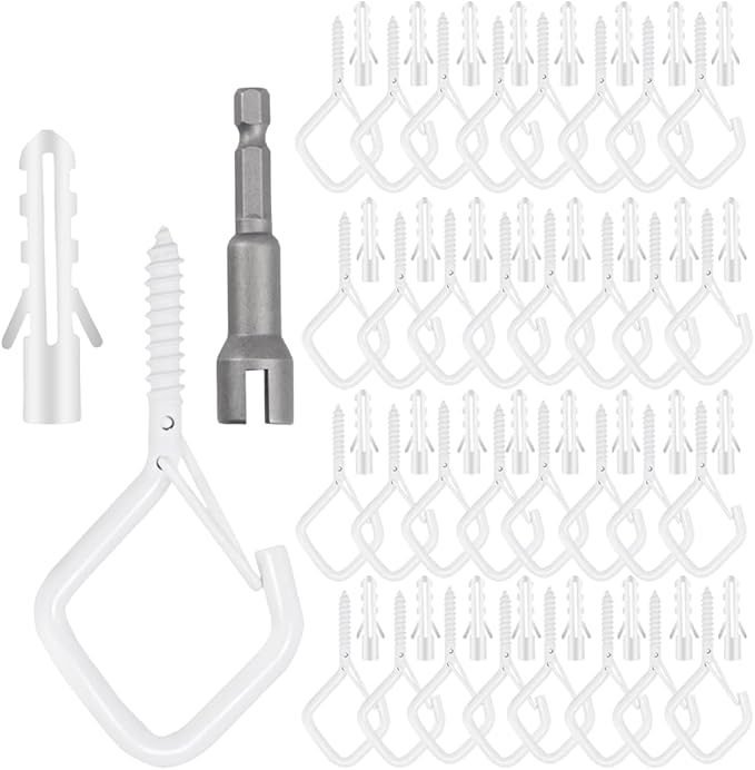 52-Pack Heavy-Duty White Screw Eye Hooks with Safety Clips | Metal Ceiling Hooks for Hanging Plants, Wind Chimes, Bird Feeders & Indoor/Outdoor Lights
