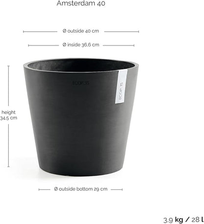 Ecopots Amsterdam Durable Modern Round Indoor/Outdoor Recycled-Based Composite Flower Pot Planter, Dark Grey, 16"