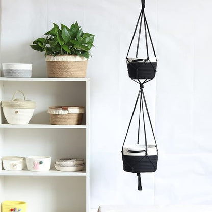 Tiered Macrame Hanging Planter One-Piece Cotton Woven Rope Flower Pots,Indoor Outdoor Home Decor Waterproof Lining Hydroponic Plant Baskets Pots-Black