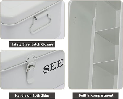 Seed Saving Box, Metal Seed Bin, Seed Storage Organizer, Seed Packet Container with Lid, Seed Envelope Storage Box, 4 Compartments Garden Seed Bin with Safety Locks-White
