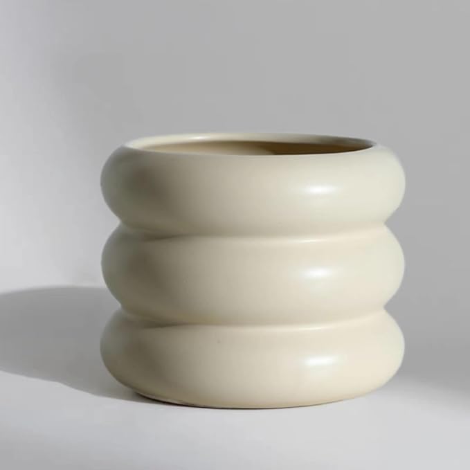 Ceramic Plant Pot Indoor, 4.5 Inch Flower Pot with Drainage Hole, Small Bubble Design Ceramic Planter for Home & Office Decor (Beige)