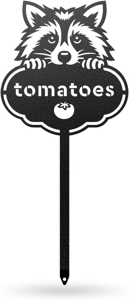 RealSteel Rocky The Raccoon Plant Markers – Cute Metal Garden Labels for Herbs & Vegetables | Outdoor Steel Plant Stakes for Garden, Greenhouse & Raised Beds | Gardening Gift | USA (TOMATOES-B-6X13)
