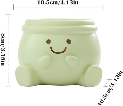 Cute Face Planter Pot, Small Resin Head Planters for Indoor Plants, Funny Smiling Face Flower Pot Succulent Planter with Drainage Hole, Gift IdeaI for Birthday Christmas (Green)