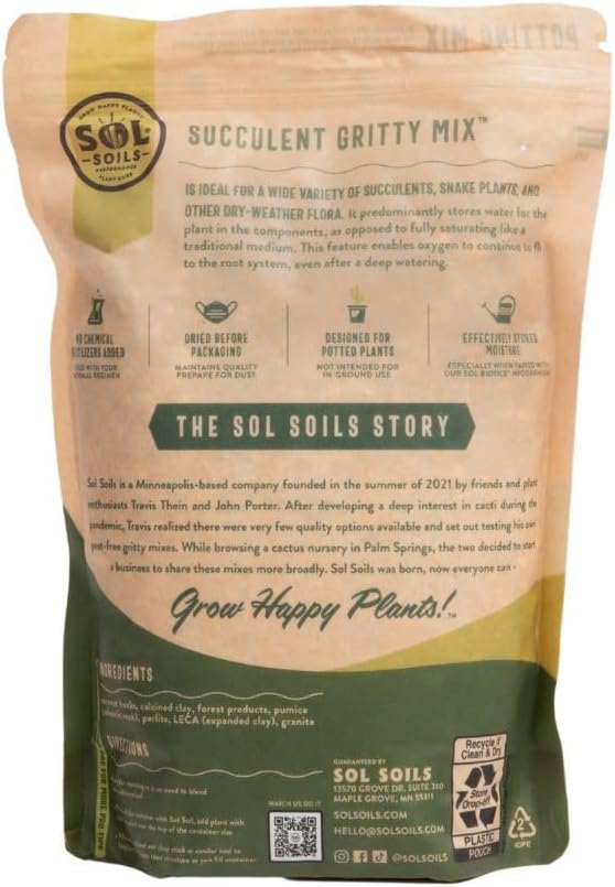 Sol Soils Succulent Gritty Mix - Fast Draining Peat Moss Free Succulent Soil Potting Mix with Coconut Husk Chips, Perlite & Pumice - 1 Quart
