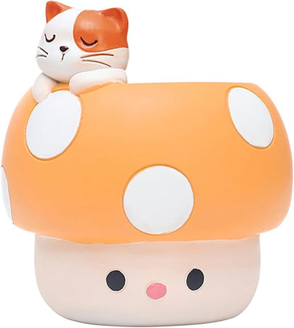 EOBTAIN Mushroom Planter Pots,Cute Animal Cat Yellow Resin Small Succulent Pots for Indoor Plants,Mini Cactus Plant Pots Home Living Room Office Table Desk Decor,Gifts for Plant Lovers,4 Inch