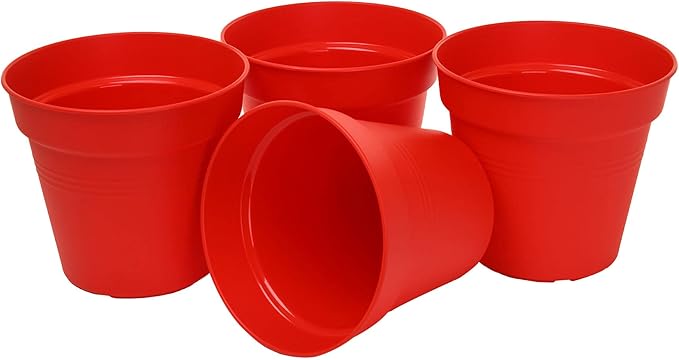 Mintra Home Garden Pots 4pk - Flowers, Herbs, Plants, Indoor, Outdoor, Colorful, Wholesale, Bulk (Red, 19cm Diameter (7.5in))