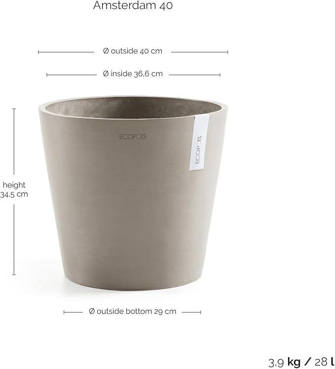 Ecopots Amsterdam Durable Modern Round Indoor/Outdoor Recycled-Based Composite Flower Pot Planter, Taupe, 16"