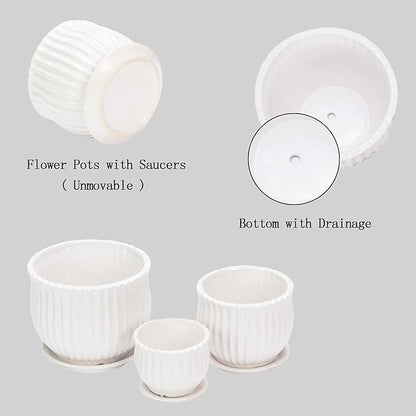 Ceramic Flower Plant Pots with Saucers, Modern Round Ceramic Succulent Planter Pots with White Stripe Texture, Small to Medium Sized, Set of 3