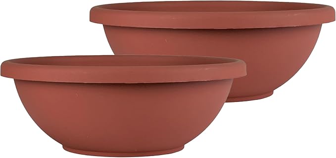 The HC Companies 13 Inch Shallow Garden Bowl Plant Pot with Drainage, Lightweight UV-Resistant Plastic Planters for Succulents, Herbs & More, 2-Pack Planters for Indoor Outdoor Home Decor, Clay