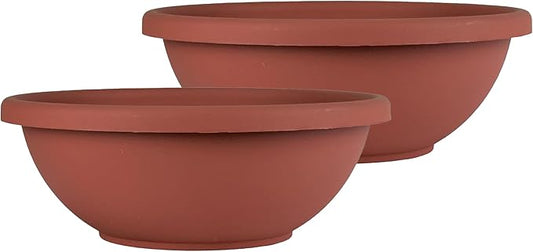 The HC Companies 24 Inch Shallow Garden Bowl Plant Pot with Drainage, Lightweight UV-Resistant Plastic Planters for Succulents, Herbs & More, 2-Pack Planters for Indoor Outdoor Home Decor, Clay
