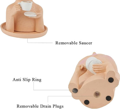 Face Planter Pots, Resin Face Planter for Indoor/Outdoor Plants,Head Planter with Drainage Hole/Removable Saucer,Girl Holding Coffe (Coffee, Skin)
