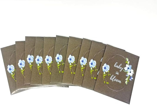 Digital Voyager Baby Shower Party Favors for Guests - Baby in Bloom Seed Packets - Blue Floral Accents and Greenery - Dark Brown - Already Filled - Pack of 20