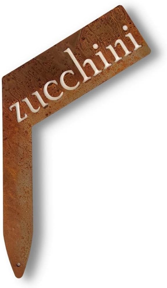 Planter Size Small Metal Garden Plant Vegetable Flower or Herb Markers 13.5 Inches Tall (zucchini, Naturally Rusted)