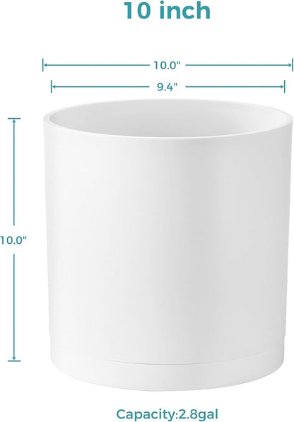 FaithLand 10-Inch Modern Cylinder Planter, Thick-Walled Plastic Plant Pot with Drainage Holes and Detachable Saucer, Matte White, Ideal for Indoor & Outdoor Plants Flowers