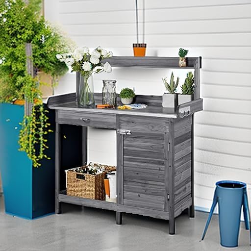 Topeakmart Garden Potting Bench Wooden Workstation Outdoor Wooden Potting Table W/Top Shelf & Lower Shelf & Cabinet Drawer & Open Shelf Gray