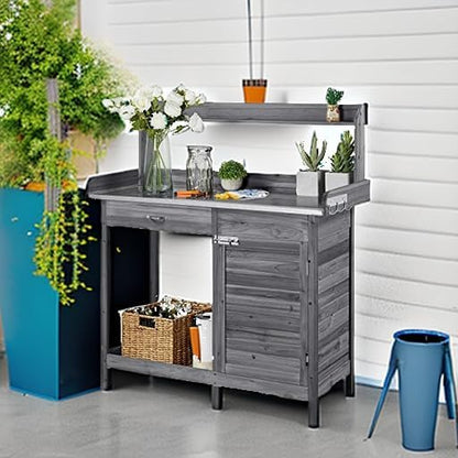 Topeakmart Garden Potting Bench Wooden Workstation Outdoor Wooden Potting Table W/Top Shelf & Lower Shelf & Cabinet Drawer & Open Shelf Gray