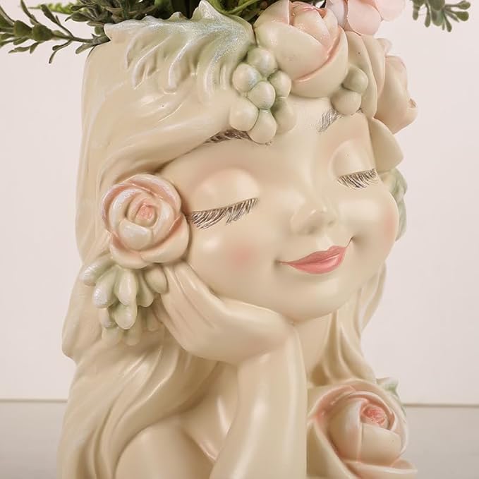 Decorative Garden Fairy Head Planter, Resin Flower Pot Sculpture, Pearl White with Rose Details