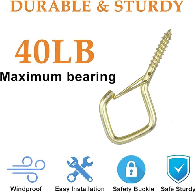 52-Pack Heavy-Duty Golden Screw Eye Hooks with Safety Clips | Metal Ceiling Hooks for Hanging Plants, Wind Chimes, Bird Feeders & Indoor/Outdoor Lights