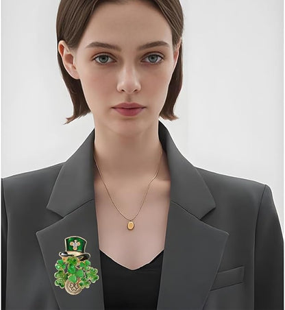 St.Patrick's Day Brooches for Women Dainty Crystal Four Leaf Lapel Pin Shamrock Hat Brooch Pins Irish Enamel Brooches Irish Holiday Costume Accessory Jewelry