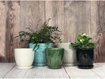 Aspen & Fig 8 Inch Indoor Ceramic Plant Pot with Drainage Hole and Attached Saucer, Emerald, Modern, Geometric, Perfect for House Plants, Herbs, Flowers, Succulents