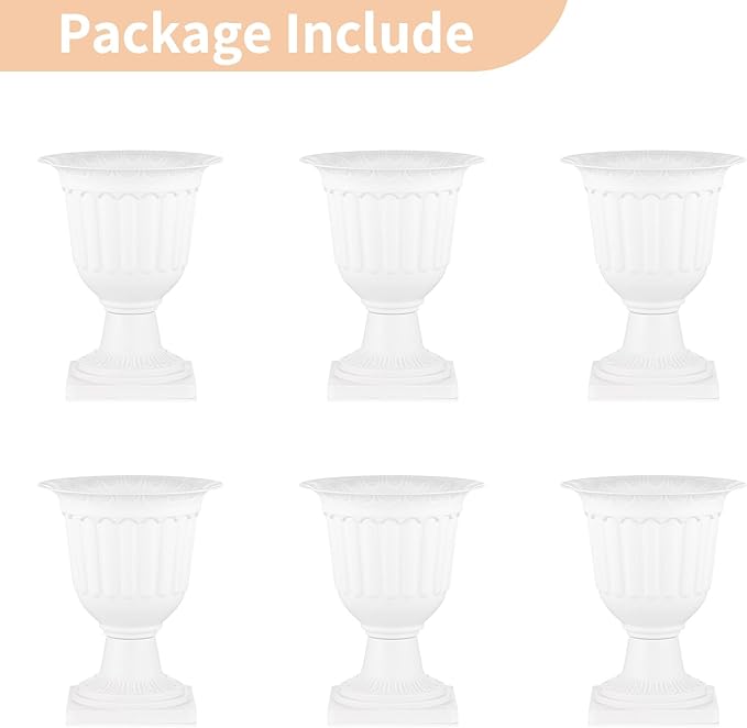 NUPTIO 6 Pcs Classic Urn Planter, 13.98 inch Tall Large Plastic Outdoor Urns Planters, Pedestal Flower vases Plant Pot, Resin Grecian Plants Pots for Garden Porch Front Door, White