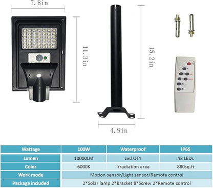 Solar Street Lights Outdoor Waterproof, 6000K Dusk to Dawn Solar Flood Lights with Remote Control, Motion Sensor Commercial Area Lighting for Outside Parking Lot 2 Pack