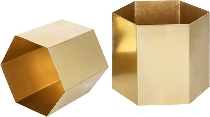 MyGift Handcrafted Metallic Shiny Brass Metal Indoor Plant Vase Pot with Hexagon Shape, Decorative Succulent Cactus Planter Container, Set of 2 - Handmade in India