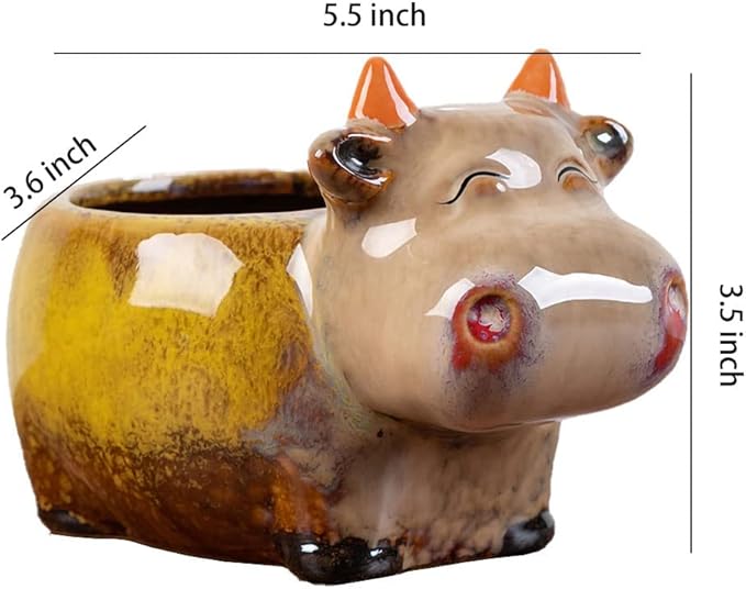WAIT FLY Cute Animal Ceramic Flower Pot Succulent Planter-Cow