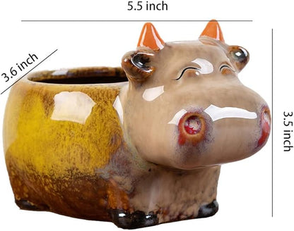 WAIT FLY Cute Animal Ceramic Flower Pot Succulent Planter-Cow