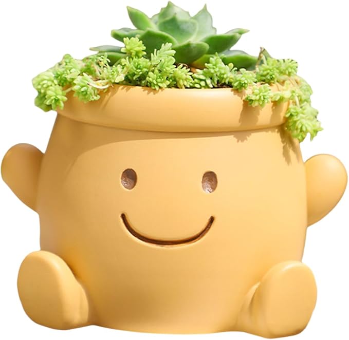 Cute Face Planter Pot, Small Resin Head Planters for Indoor Plants, Funny Smiling Face Flower Pot Succulent Planter with Drainage Hole, Gift IdeaI for Birthday Christmas (Orange)