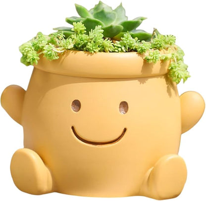 Cute Face Planter Pot, Small Resin Head Planters for Indoor Plants, Funny Smiling Face Flower Pot Succulent Planter with Drainage Hole, Gift IdeaI for Birthday Christmas (Orange)