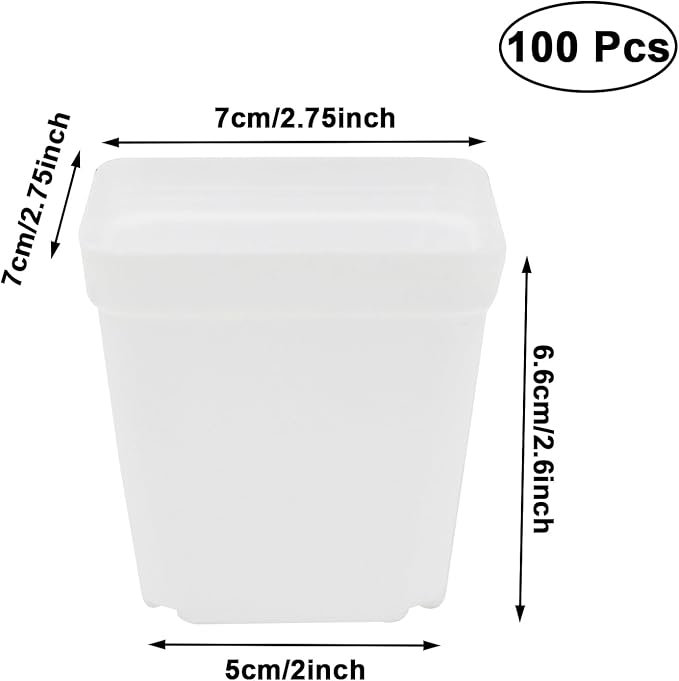 Pastic Nursery Pots 2.7 Inch 100 Pcs White Square Plant Pot Thick Balck Starter Container for Starting Seedlings or Succulents