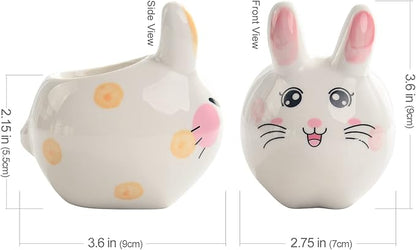 B SEPOR 3.6 inch Mini Pots for Small Succulant Plant Ceramic Animal Succulent Planter with Drainage and Bamboo Tray for Easter Bunny Rabbit Gift Lovers (Cute Bunnies)