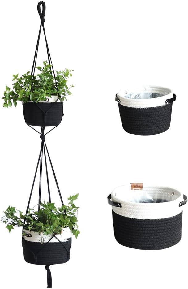 Tiered Macrame Hanging Planter One-Piece Cotton Woven Rope Flower Pots,Indoor Outdoor Home Decor Waterproof Lining Hydroponic Plant Baskets Pots-Black