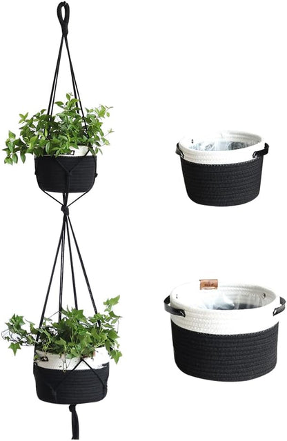 Tiered Macrame Hanging Planter One-Piece Cotton Woven Rope Flower Pots,Indoor Outdoor Home Decor Waterproof Lining Hydroponic Plant Baskets Pots-Black