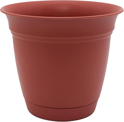 The HC Companies Eclipse Round Planter with Saucer - Outdoor & Indoor Plant Pot with Drainage Holes - Lightweight, UV-Resistant Plastic Pots for Plants, Flowers & Herbs (10" Clay, Pack of 1)