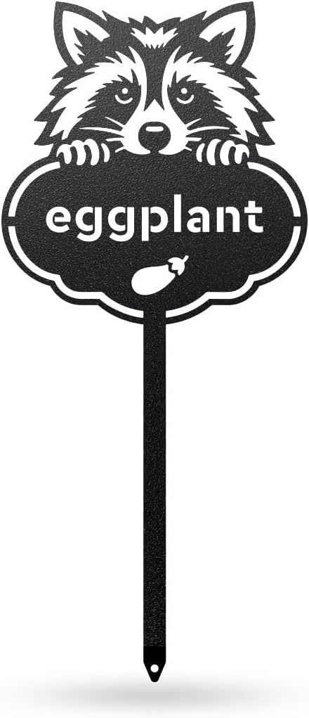RealSteel Rocky The Raccoon Plant Markers – Cute Metal Garden Labels for Herbs & Vegetables | Outdoor Steel Plant Stakes for Garden, Greenhouse & Raised Beds | Gardening Gift | USA (EGGPLANT-B-6X13)