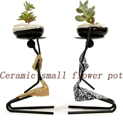 Plant Stand With Pot,Ceramic Flower Pot With Potting Stand,Elegant Succulent Flower Pot,Handmade Iron Potted Plant Stand, Kneeling Girl Indoor Desktop Ornament. (Floral fabric collection(yellow))