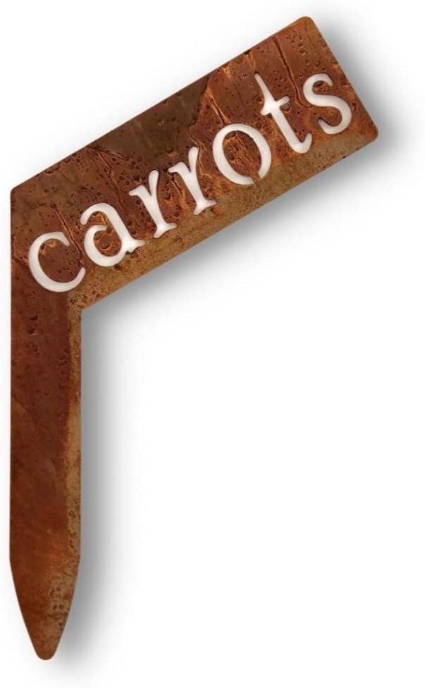 Planter Size Small Metal Garden Plant Vegetable Flower or Herb Markers 13.5 Inches Tall (carrots, Naturally Rusted)