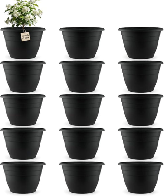 15 Pack 11 Inch Plant Pots with Drainage Holes,Black Plastic Flower Pots with Hanging Holes,Durable Planters for Indoor & Outdoor Plants,Nursery Pots